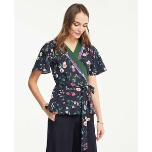 Ann Taylor Floral Wrap Blouse Size S Navy Blue Green Multi Kimono Flutter Sleeve